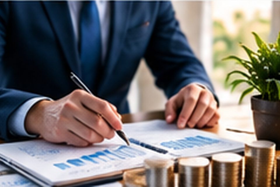 Business owner annotating printed bar charts beside stacks of coins