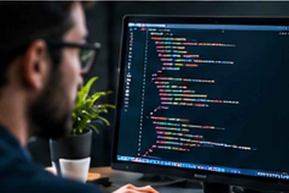 Developer at a desk reviewing colourful code on a large monitor