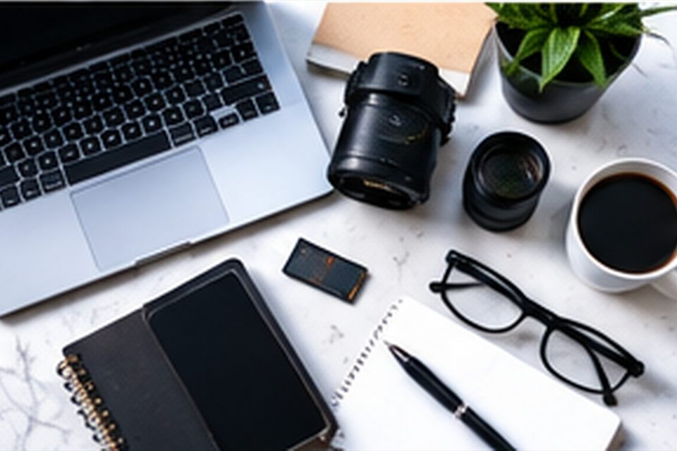 Flat lay of a laptop, camera body, lenses, notebook and coffee on marble