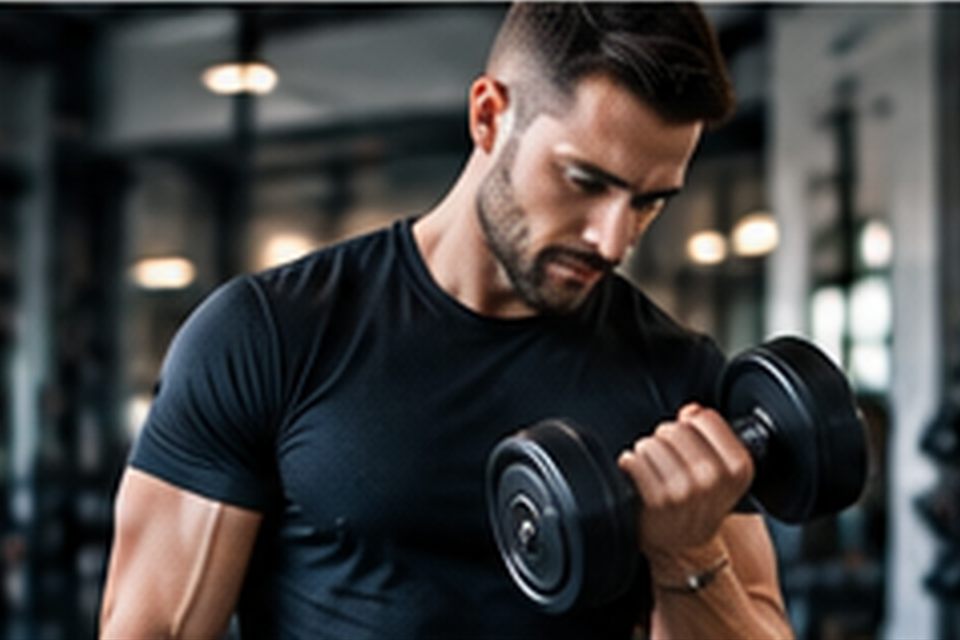 Man performing a dumbbell curl in a spacious industrial gym