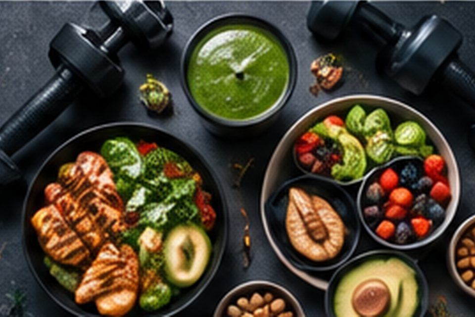 Overhead view of healthy meal bowls and a green smoothie beside dumbbells