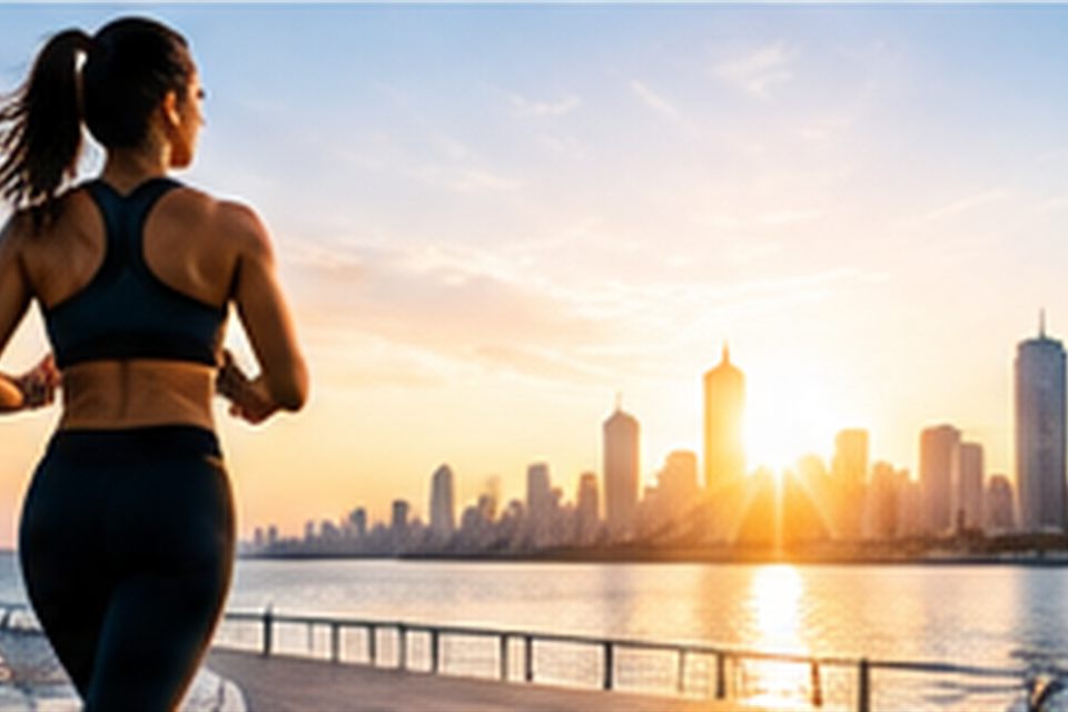 Woman running along a waterfront path as the sun rises behind a city skyline