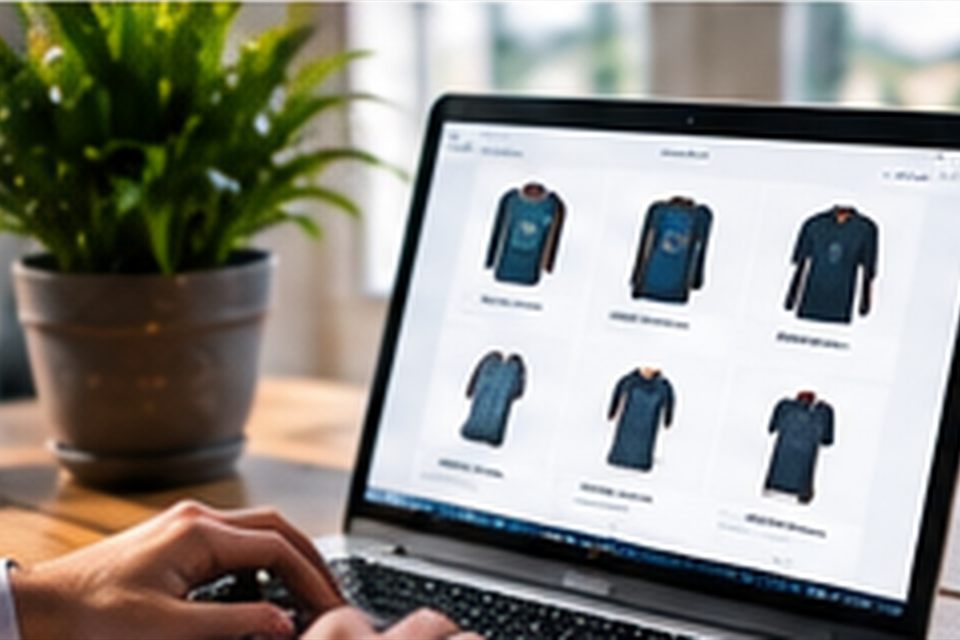 Laptop on a wooden desk displaying an online clothing store product grid
