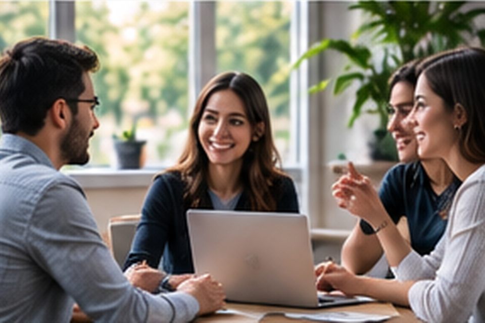 Four colleagues talking around a meeting table with an open laptop
