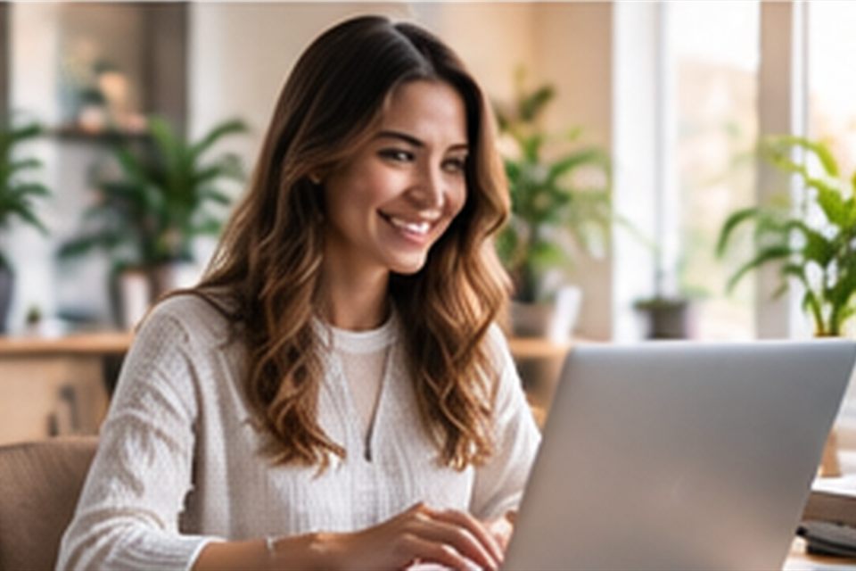 Woman smiling while working at a laptop in a bright, warm office